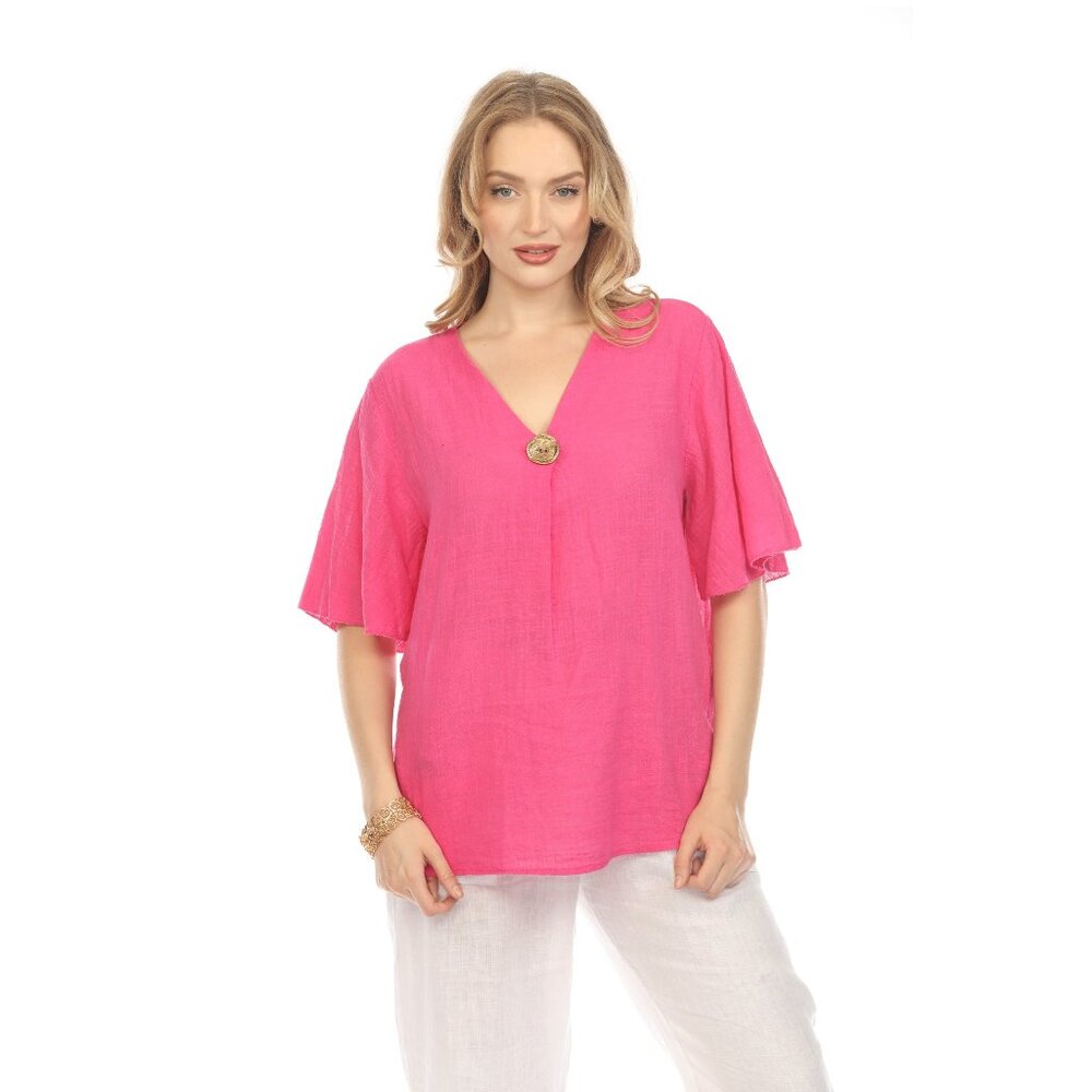 Fuchsia V Neck Plain Top With Bell Sleeves